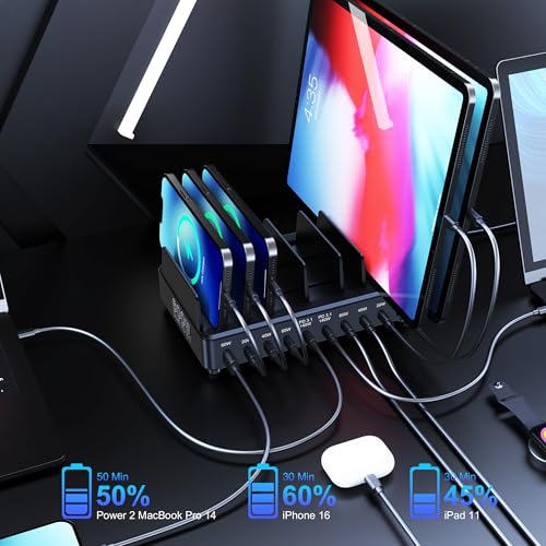 600W USB C Charging Station with Charging Stand (Black) | GaN Tech 10-Port PD3.1 140W QC60W Multiple Devices Charger Organizer for MacBook Laptop, iPad, iPhone and More