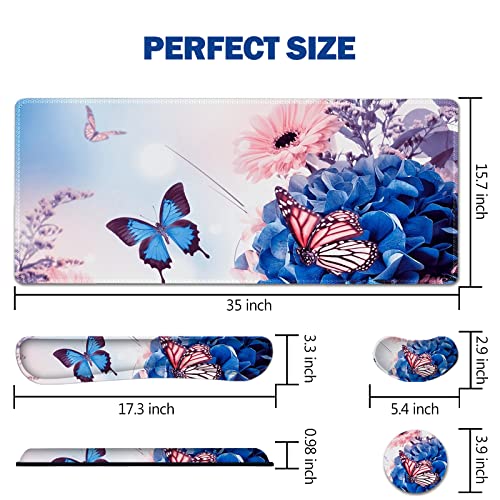 AIMSA Large Gaming Mouse Pad Set, Keyboard Wrist Rest Support Mouse Pad, Ergonomic Memory Foam Multifunctional Extended Desk Mat 35x15.7in Anti-Slip Rubber Base for Office Home, Butterfly Flower - color: Butterfly Flower