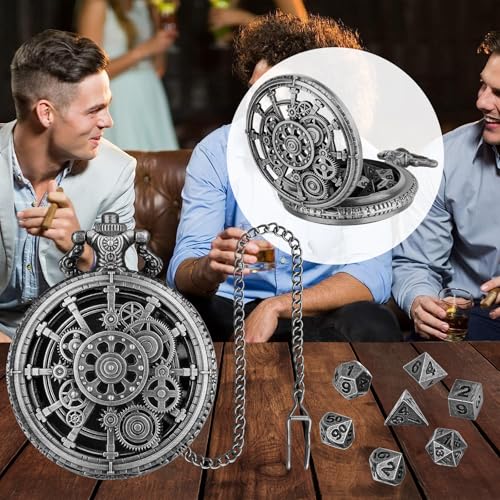 Hollow Gear Pocket Watch Dice Set, DND Metal Dice Set for RPG, Mini DND Dice for Board Game, DND Gifts with Leather Bag, Tabletop Games Accessory, Xmas Stocking Stuffer, Dark Silver - color: Dark Silver