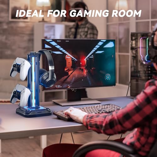 KDD RGB Headset Stand with 9 Light Modes - Controller Holder for Desk - Rotatable Headphone Stand & Detachable Controller Hook for PC Earphone Accessories(Black) - color: Black