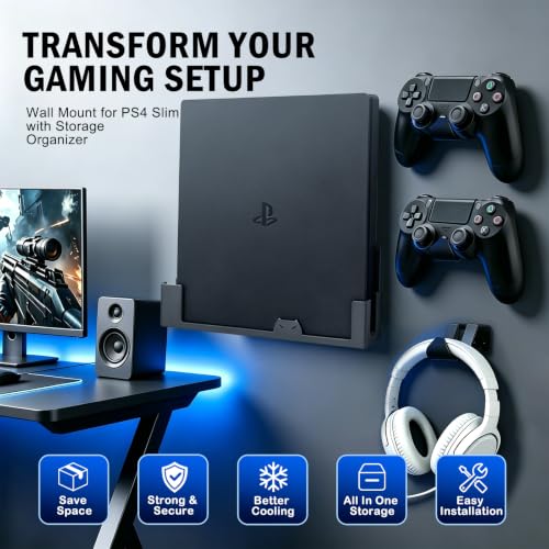 Wall Mount for PS4 Slim with 2 Detachable Controller Holder and 1 Headphone Stand, PS4 Accessories,Compatible with PlayStation 4 Slim(Mounts PS4 Slim by TV)