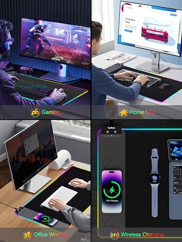 TopMade Mouse Pad with Wireless Charging, 31.5" x 15.75" Large Desk Mat RGB Gaming Mousepad, LED Desk Pad Keyboard Pad with Ultra-Smooth Surface & Non-Slip Rubber Base, Waterproof Desk Pad - color: RGB Black-31.5"x15.8"