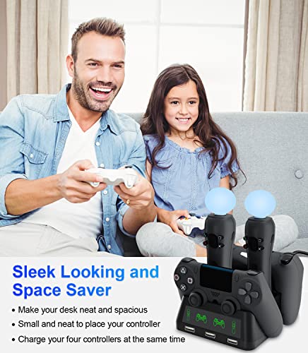 PS4 Controller Charging Dock Station, 4 in 1 PS VR Motion Move Charger Station, Fast PlayStation 4 Controller Charger with LED Indicator Compatible with PS4/Slim/PS4 Pro/PS VR Charging Dock