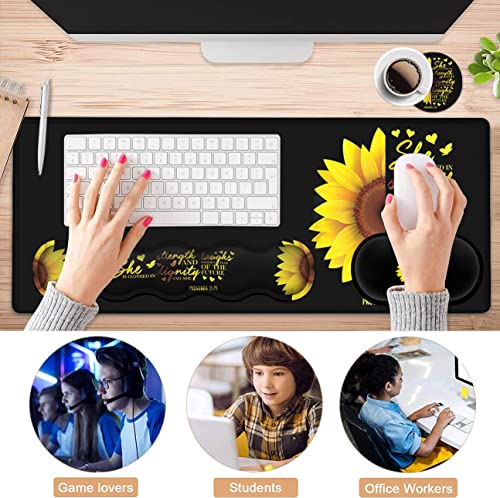 Gaming Black Mouse Pad + Keyboard Wrist Rest XL Large Mouse Mat Sunflower Christian Verse Proverbs 31-25 Extended Desk Pad Non-Slip Rubber Mice Pads Stitched Edges Pad (31.5x11.8 in) - color: JV-mouse pad-8-3