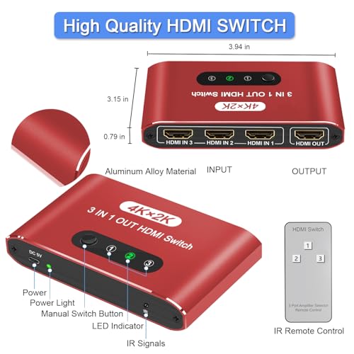 HDMI Switch 3 in 1 Out, 4K@60Hz HDMI Selector with Remote Control, 3 Ports HDMI Switcher, Perfect for Full HD 4K 1080P 3D Video Roku Fire TV Blu-ray Players Stick Apple PS4/PS5 Xbox Chromecast (Red) - color: Red