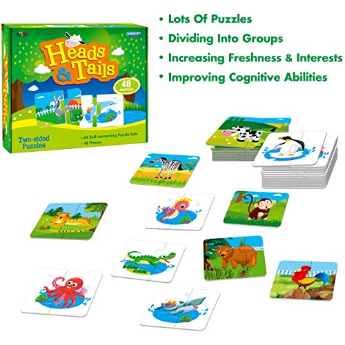 48 Animal Matching Puzzles with Error-Correction Mechanism Pre-Primer in 2 Pieces, Perfect for Preschool Learning (24 Blocks Double Sided) - style: Animal-A