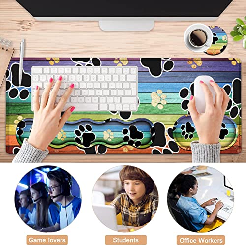 Ergonomic Mouse Pad Set, Desk Mat(31.5×11.8 in) + Keyboard Wrist Rest Support + Mouse Wrist Rest for Office,Home,Computer,Laptop -Rainbow Woodgrain Black Cute Dog Paw Gaming Large Mousepads XXL - color: JV-mouse pad-8-14