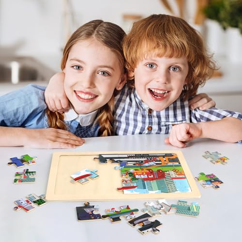Wooden Puzzles for Kids Ages 3-5, 4 Packs Puzzles for Kids Ages 4-6, 24-Piece Truck Vehicle Wood Jigsaw Puzzles for Toddlers 3-5,Preschool Educational Toys Gifts for Children Ages 4-8 Boys (Vehicle)