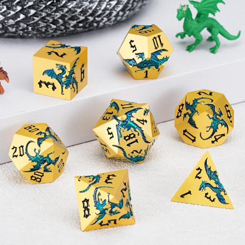 Dungeons and Dragons Dice D&D Metallic Dragon Sharp Edged Dice Set with Box, Polyhedral DND Role Playing Game D and D Dice Set D20 D12 D10 D8 D6 D4 Pearl Gold Blue - color: Dragon-pearl Gold Blue
