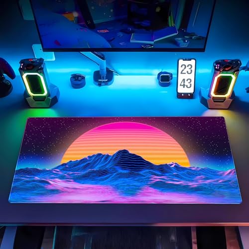 Synthwave Gaming Desk Mat, Retro 80s XXL Large Mouse Pad 31.5x15.7 in | Aesthetic outrun neon desk pad with comfortable 3mm cushion, smooth cloth surface, and non-slip rubber base. - color: Digital Art