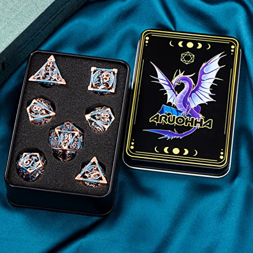 ARUOHHA Hollow DND Metal Dice Set Blue Dragons D and D Dice, RPG Role Playing Games Dungeons Polyhedral Dice with Gift Box D20 D12 D10 D8 D6 D4 - color: Copper Blue
