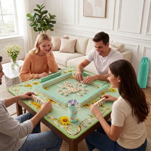 Green Mahjong Mat for Table & 50PCS Stickers| Carrying Bag, Heavy Floral Mahjong Mats& 2 Dices, Noise Reduction Non Slip Foldable, 31.5x31.5 Game Table Cover, for Playing Card, Board Tile Games - color: Green