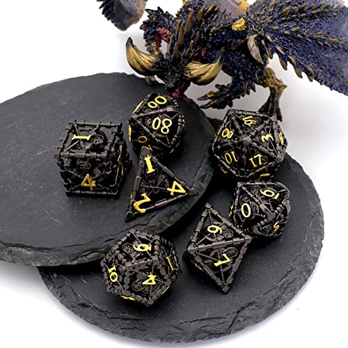 DND Dice, Dungeons and Dragons Dice Metal Polyhedral Dice Set Role Playing D&D Dice HNCCESG Hollow Grim Reaper Gaming for RPG Table Game (Black) | Lightweight copper dice,Easy-To-Read Engraved Numbers,a Gift Box and Velvet Bag for DND RPG Play - color: Gr
