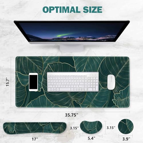 ToLuLu Extended Gaming Mouse Pad, Ergonomic Keyboard Mouse Wrist Rest Set | Large Desk Mat with Stitched Edges, Non-Slip Base Memory Foam Mousepad Support for Home Office Game, Green Golden Leaves - color: Green Golden Leaves