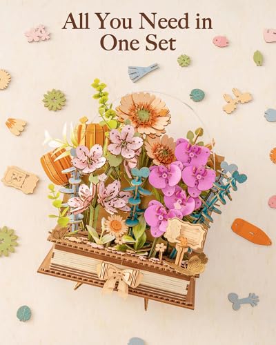 Rowood 3D Puzzle,Mothers Day DIY Wooden Flower Craft Kits for Adults,Botanical Collection Home Decor, Valentine's Day/Christmas/Birthday Gift-Wooden Blooming Book