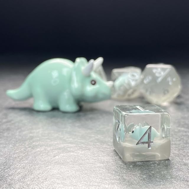 Sage's Portal Familiars Dice and Toy Set Combo Resin DND Dice Set Polyhedral Dice Set for Dungeons and Dragons RPG Pathfinder Tabletop TTRPG (Teal Triceratops+ Figurine) - color: Teal Triceratops, style: Dice Set +Mini Figure