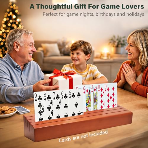 Wooden Playing Card Holders for Seniors, 4 Pack Card Holder Trays for Playing Cards, 10" Hands-Free Card Holders with 4 Slots for Adults, Kids, Arthritis Hands, Bridge, Poker, Canasta, Game Night