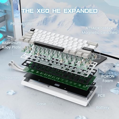 ATTACK SHARK MAMBASNAKE X60HE Wireless 8K Mechanical RT Keyboard-Star White | Tri Mode-2.4Ghz/BT/Wired,Hall Effect Magnetic Switch,RGB Backlight,0.01mm Accuracy,4000 mAh battery,Web Driver for PC Win Mac - color: Star White, size: Keyboard