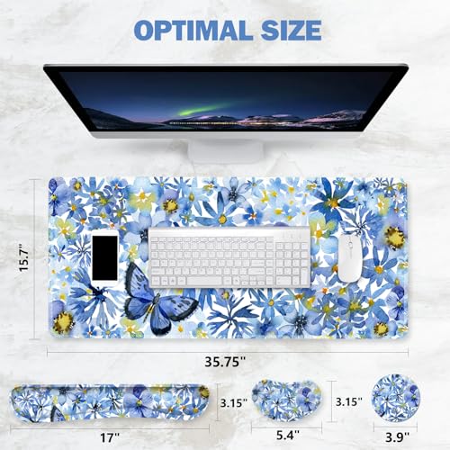 ToLuLu Gaming Mouse Pad, Ergonomic Keyboard Mouse Wrist Rest Support Set | Large Extended Desk Mat with Stitched Edges, Non-Slip Base Memory Foam Mousepad for Home Office Game Study, Butterfly Flower - color: Butterfly Flower