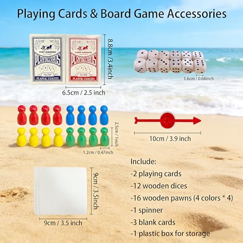 Portable Playing Cards and Dice Set, Include 2 Splash-Resistant Playing Cards, 12 Dice, 16 Pawns, a Spinner, 3 Paper Sheets, and a Plastic Storage Box, Travel-Friendly Set for Outdoor Play