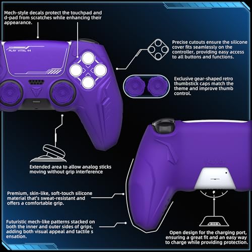 PlayVital 2 Pack Silicone Skin Set for PS5 Controller - Charging Dock Compatible, Full Protection Case with Futuristic CyberMech Design, Soft Cover with Thumb Grips & Stickers - Purple - color: 2 Purple