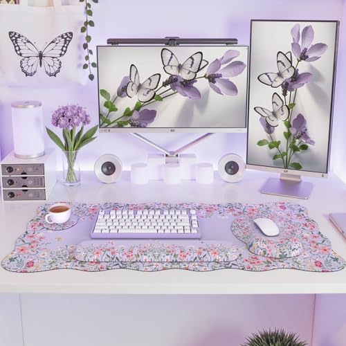 iCasso Desk Mat Set,Large Mouse Pad with Wrist Rest,Ergonomic Keyboard Wrist Support for Women,Girly Floral Computer Mat with Scalloped Edges,Non-Slip Desk Pad Home Office Gaming (Purple) - color: Purple