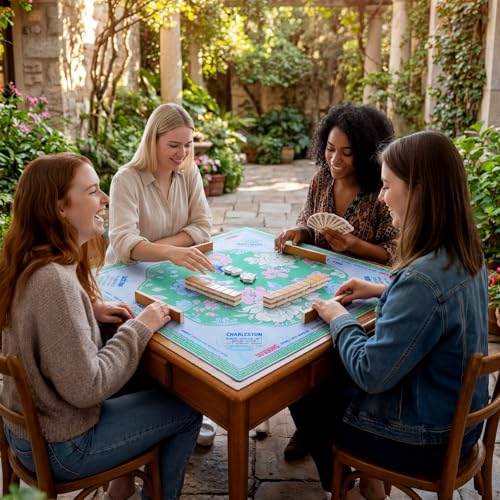 Soulchen Flower Blue and Green American Mahjong Mat for Table with Rules, No Creases, Ships Rolled, 31.5 x 31.5 Non-Slip Noise Reduction Gaming Mat with Carrying Bag for Poker Card Board - color: Blue and Green