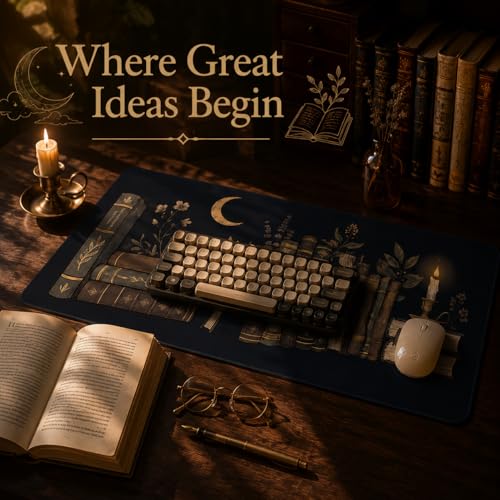 Dark Academia Desk Mat 35.4x15.7 Inch, Large Extended Mouse Pad with Bookshelf Design, Non-Slip Waterproof Desk Pad for Study, Home Office & Reading Setup - color: Black Bookshelf