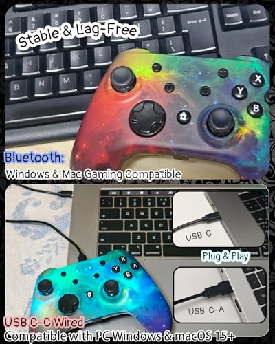 Wzuiсov Game Controller for Switch 1&2, iOS, Android, PC, TV, Tesla - Bluetooth & USB-C Wired Gamepad with Adjustable Star Lights, Phone Holder & USB Adapter - color: Red&Blue