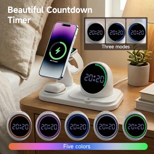 6‑in‑1 Wireless Charging Station with 30W Adapter, Blue-Tooth Speaker, Auto‑Sync Clock & RGB Night Light, Compatible with iPhone 12‑17/AirPods/Apple Watch and Select Android (Qi + Magnetic Required) - color: White