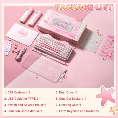 YUNZII C75 Wireless Mechanical Keyboard,75% Layout, Hot-Swappable NKRO,BT5.0/2.4G/USB-C Mode,Dye-Sub PBT MOA Keycaps,RGB Gasket Mount,Cute Cake Design for Mac/Win/Gaming (Pink, Milk V2 Switch) - color: Pink, size: Milk V2 Switch
