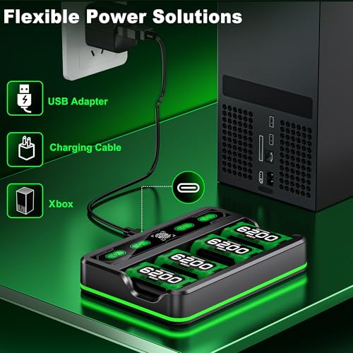 DXKK Xbox One Battery & Charger Sets - 4X 6200mWh Rechargeable Battery Pack with Touch Control LED Light for Xbox One/Series X|S Controllers, Black, L - color: Black with RGB, size: L-4 Pack 6620mWh