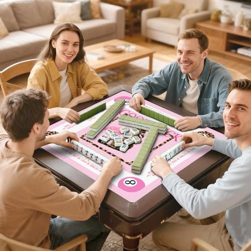 Pink Luck Mahjong Mat for Table, 31.5 * 31.5in Anti Slip Mahjong Table Cloth, Noise Reduction, Neoprene Mah jongg Mat with Carrying Bag & 3 Dices, Poker Board Tile Games Mats, Cheetah - color: Cheetah01