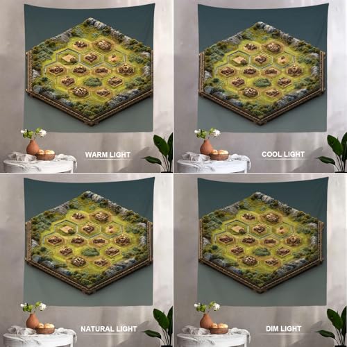 Batmerry Hex Grid Battlefield Miniature Terrain Tapestry, Isometric Game Map With Villages Wall Art Hanging Polyester Fiber White Ruffled Around for Dorm Room Bedroom Living Room, 59.1x59.1 inches