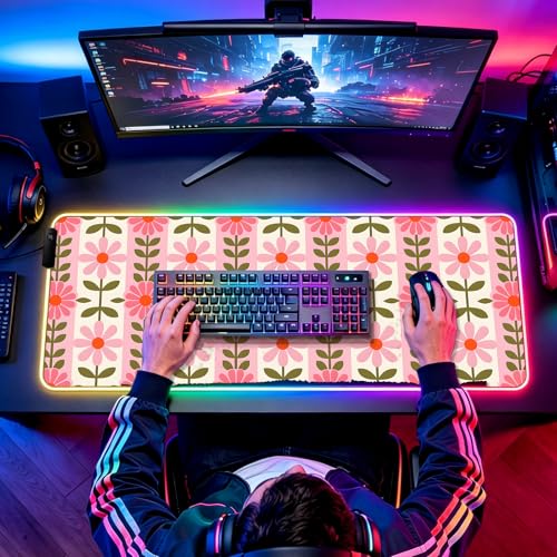 RGB Pretty Pink Flowers Gaming Desk Mat, Computer Keyboard Large Extended Long Floral LED Mouse Pad for Office and Home, XL (W11) - color: Rgb-w11