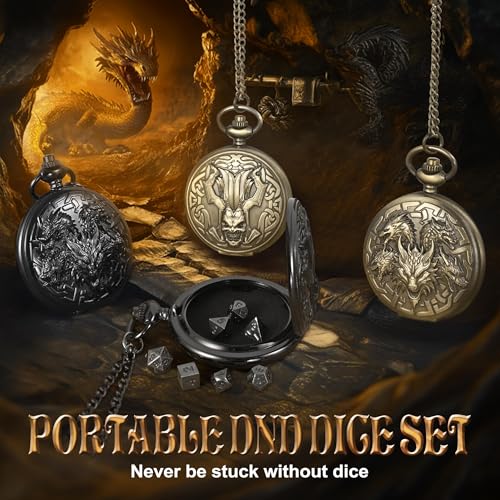 Kabinka DND Dice Set, 7pcs Mini Metal Dice with Pocket Watch Shell, Portable D&D Dic with Necklace, Dungeons and Dragons Dice for RPG(Five-Headed Dragon, Black) - color: Black, style: Five-Headed Dragon