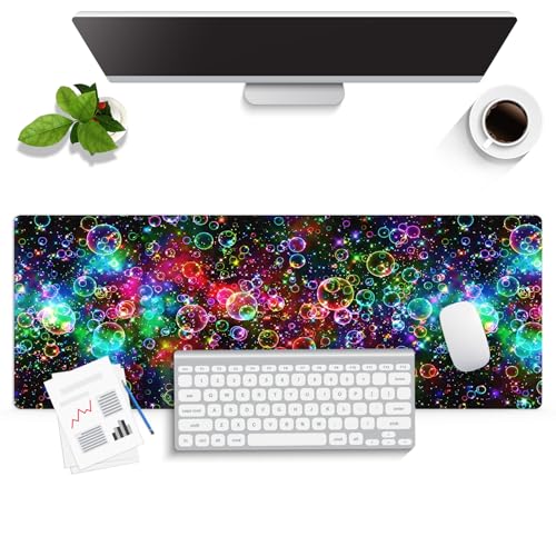 Rainbow Glitter Bubbles Large Mouse Pad, Magical Sparkle Aesthetic Desk Mat | Keyboard Mat Stitched, 31.5" x 11.8", Cosmic Nebula Starry Space, Vibrant Fantasy Abstract Art, Colorful Magical Galaxy - color: Vibrant Design J05K
