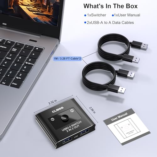 USB 3.0 Switch 2 in 2 Out, USB Switcher for 2 Computers, Share Keyboard, Mouse, Printer, Scanner, KVM Switch Selector, Compatible with Windows, Mac, Linux, Includes 2 USB-A 3.0 Cables - size: USB Switch