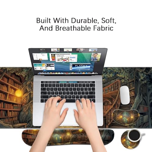 Desk Mat, Large Gaming Mouse Pad with Wrist Rest, 4 in1 XXL Mouse pad+Keyboard Wrist Rest+Mouse Pad Wrist Support+Cup Coaster Set, Ergonomic Desk Pad for Home Office, Trees Library - color: Trees Library