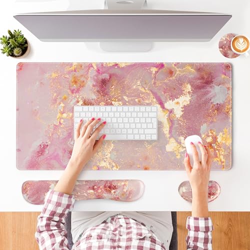 QIYI PU Leather Desk Mat Set, 4-in-1 Ergonomic Wrist Rest, Pink Marble | Waterproof Large Mouse Pad 31.5×15.7 + Keyboard Wrist Rest + Mouse Wrist Support+Coaster, Non-Slip Office Gaming Accessories - color: Pink Gold Marble