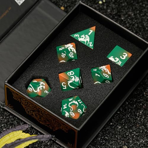 Dragon Theme Metal Dice Set,HNCCESG 7PCS Solid Zinc Alloy Polyhedral Dice with Magnetic Gift Box,Fantasy Role Playing Dice for DND Gifts (Green Orange Silver) - color: Green Orange Sliver Dragon