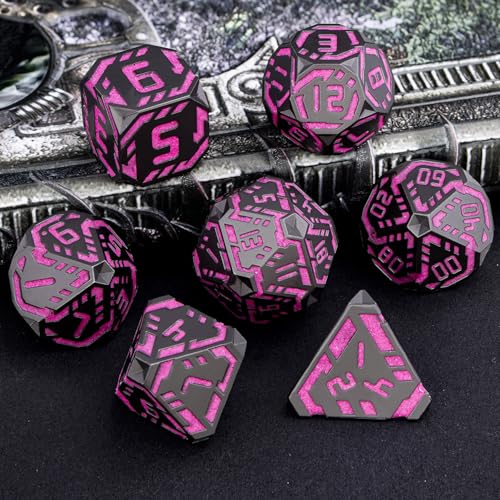 Metal DND Sci-fi Dice Set 7PCS Luminous Pink Stripe Polyhedral Dice for Dungeons Dragons RPG Role Playing Game, Glitter D and D Dice with Gift Box D6 D8 D10 D12 D20 - color: Nightlight - Pink