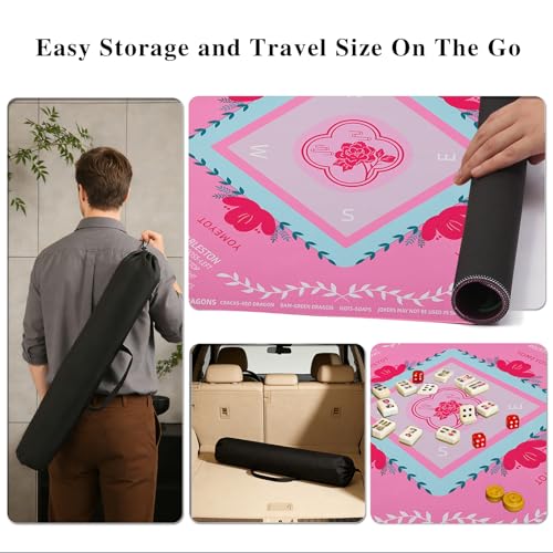 Pink Mahjong Mat 31.5"x31.5" American Mahjong Mat for Table with Printed Rules and Carry Bag Non-Slip Noise-Reducing Mahjong Table Mat Gift for Women (Pink) - color: Pink