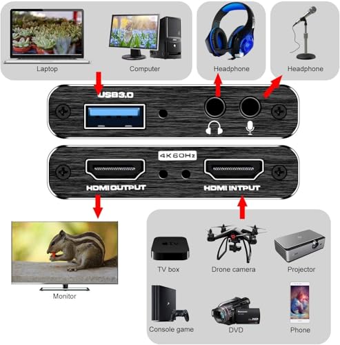 Capture Card Nintendo Switch, 4K HDMI Video Capture Card, 1080P 60FPS, HDMI to USB 3.0 Capture Card for Streaming Work with Camera/Xbox/PS4/PS5/PC/OBS - color: Black