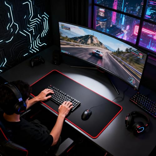 JIALONG Large Gaming Mouse Pad, Extended Mousepad with Red Stitched Edges, XXL Desk Mouse Mat, Big Computer Keyboard Pad for Gaming and Office, 35.4 x 15.7 inches - color: Red Stitched Edges
