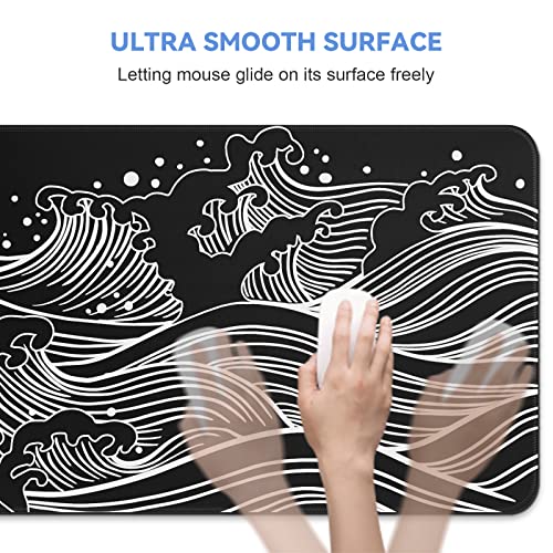 DIGSOM Gaming Mouse Pad Black and White Sea Wave Pattern, 31.5 x 11.8in | XL Mouse mat, Smooth surface, Anti-slip rubber base, For keyboard and mouse, For home and office use - color: Black Sea Wave