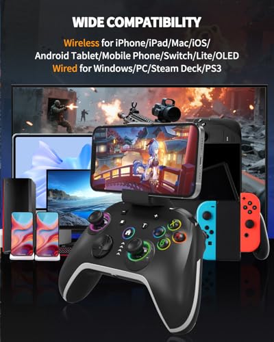 Bcofo Wireless Mobile Gaming Controller for iPhone/Android/Switch/Laptop, Wired Control for PC/Steam, Programmable Game Gamepad with Phone Clip for Gamer, with RGB Lighting Effect/Turbo/Vibration - color: Black-01