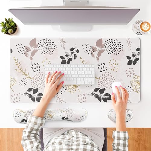 QIYI PU Leather Desk Mat Set, 4-in-1 Ergonomic Wrist Rest, Botanical Leaf | Waterproof Large Mouse Pad 31.5×15.7 + Keyboard Wrist Rest + Mouse Wrist Support+Coaster, Non-Slip Office Gaming Accessories - color: Botanical Leaves