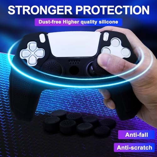 Anti-Slip Black PS5 Controller Skin,Soft Thicken Studded Protective Silicone Cover Skin Grips Compatible with PS5/Slim/Pro Controller and 8 PCS Thumb Grips Caps. - color: Black
