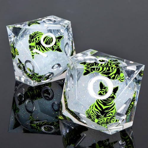 KERWELLSI Cat Liquid Core DND Dice Set with Gift Box, 7Pcs Resin Dungeons Sharp Edge D&D Dice, Dragons D and D Role Playing Dice D20 D12 D10 D8 D6 D4, White and Green Cat - color: White and Green Cat